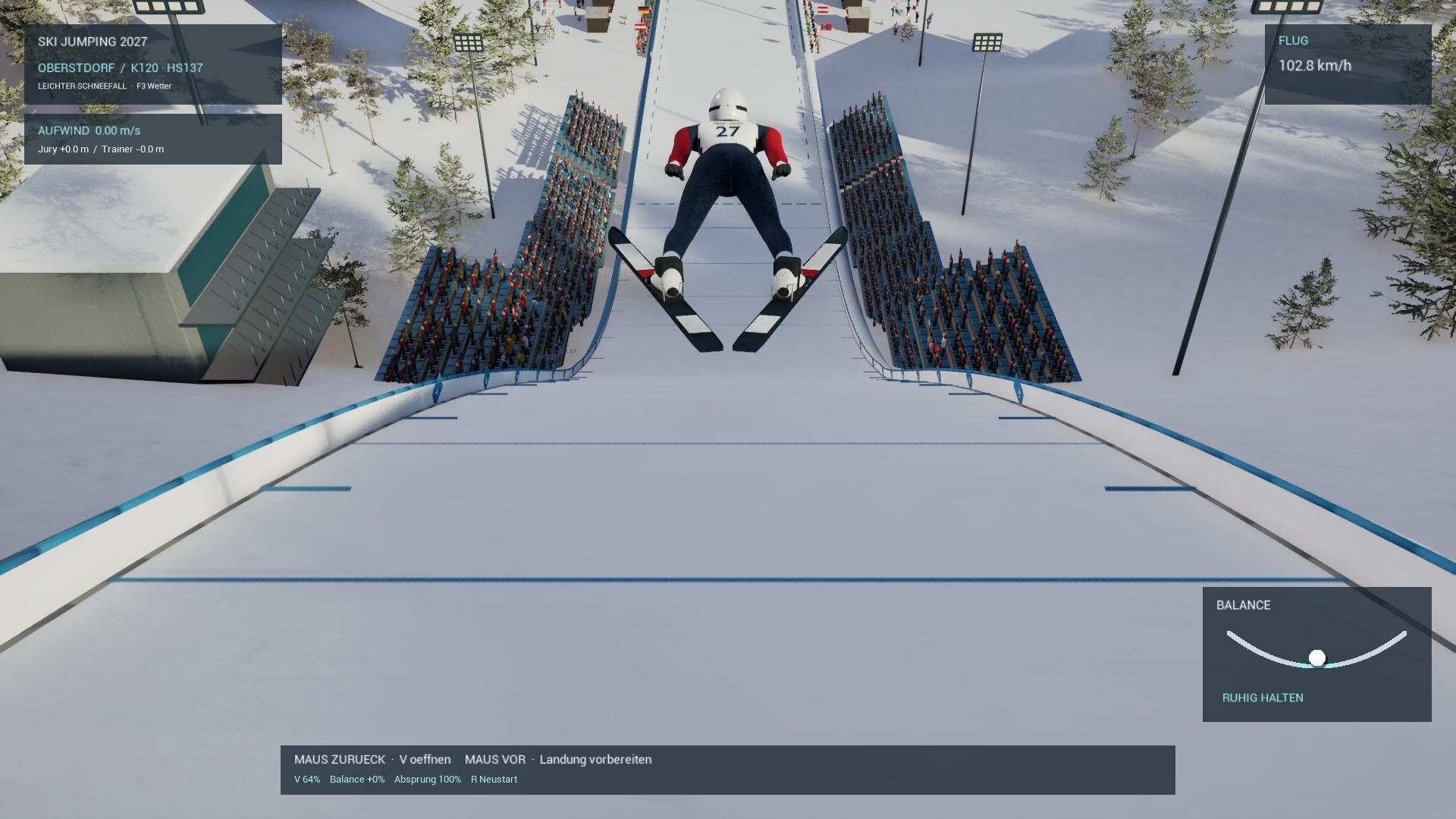 Flug aus der Rückkamera auf der provisorischen Oberstdorf-Rekonstruktion K120/HS137.