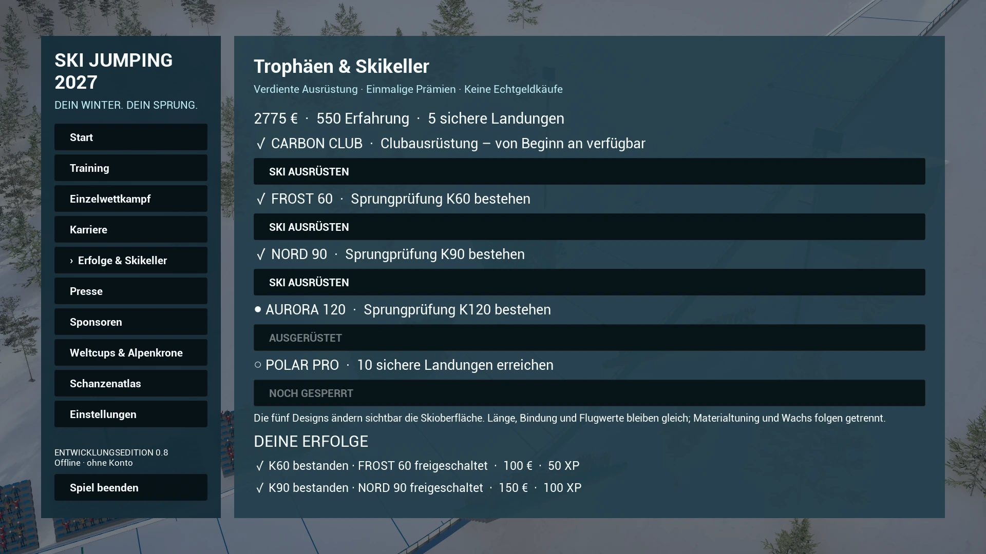 Erfolge und fünf kosmetische Ski-Designs; Wachs und Materialtuning noch offen.